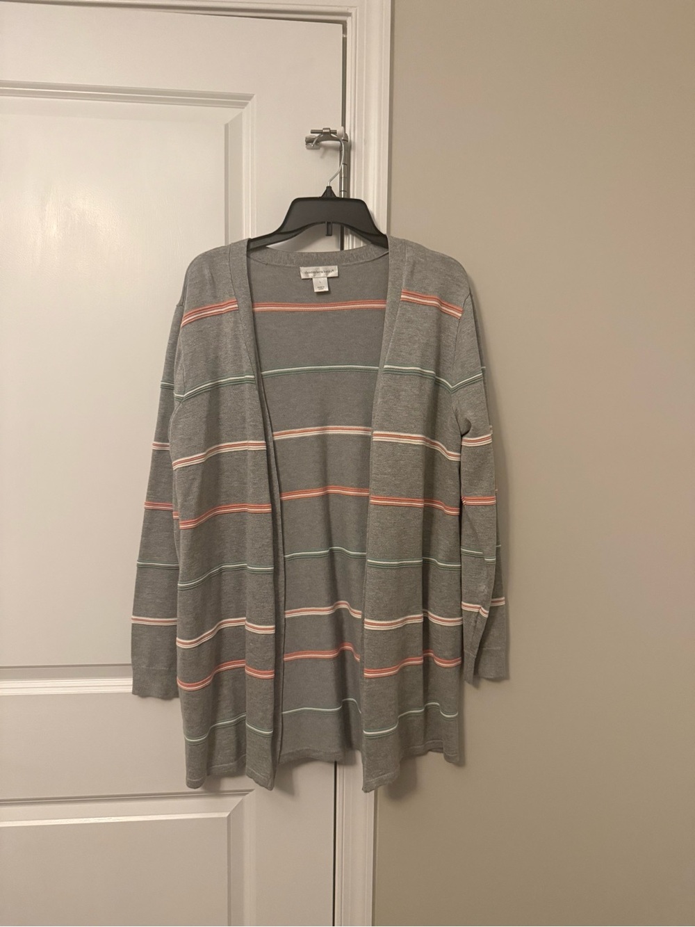 Christopher & Banks Gray Open-Front Cardigan with Pastel Stripes